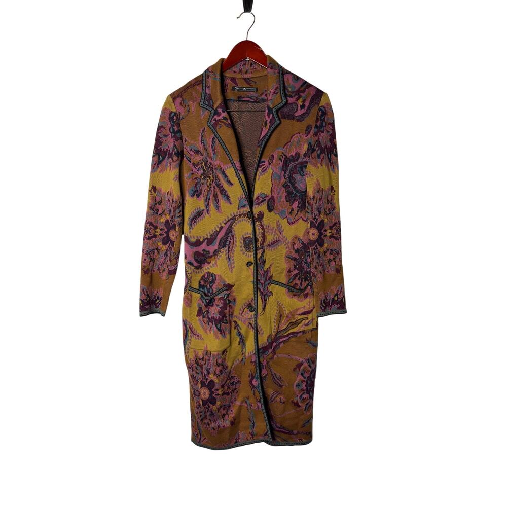 Peruvian Connection long knit cardigan gold and pink floral tapestry print sz S